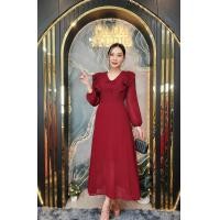 ราคา ชุดเดรสซีฟองสีพื้นคอวีแต่งผ้ากุ๊นสวยเรียบหรู No 314 (22468425604)