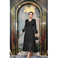 ราคา ชุดเดรสซีฟองสีพื้นคอวีแต่งผ้ากุ๊นสวยเรียบหรู No 314 (22468425610)