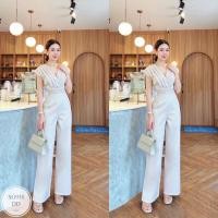 ราคา SG930จั๊มสูทขายาวอกคอวี อกจีบอัดพลีท เอวพีบจับจีบ งานเรียบหรู เก๋สุดๆ (22202600599)