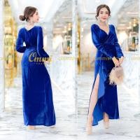 ราคา ชุดราตรี แขนยาว คอวี แต่งระบาย ผ่าหน้า ผ้ากำมะหยี่ยืด ommishop รหัส 1004 (5208530117)