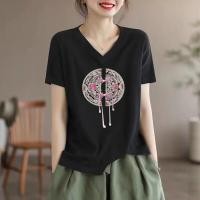 ราคา เสื้อยืดแขนสั้นปักลายสไตล์จีนสำหรับผู้หญิง ฤดูร้อน แฟชั่นลดอายุ เสื้อสีแดง คอวี ปกติ แขนสั้น วัสดุอื่นๆ 100 (23213617981)