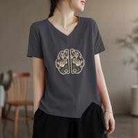 ราคา เสื้อยืดแขนสั้นปักลายสไตล์จีนสำหรับผู้หญิง ฤดูร้อน แฟชั่นลดอายุ เสื้อสีแดง คอวี ปกติ แขนสั้น วัสดุอื่นๆ 100 (23213867001)