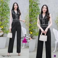 ราคา TW17571 Jumpsuit จั้มสูทแขนกุดขายาว แต่งลูกไม้ขาว (15122197803)