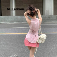 ราคา ชุดสองชิ้น เสื้อเชิ้ตโปโลสีชมพู ชุดเดรสสาวเซ็กซี่สีชมพูหลังสูง (22090715624)