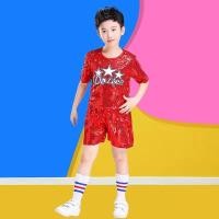 ราคา เสื้อยืดแขนสั้นสีเงินสำหรับเด็กเสื้อยืดเด็กผู้ชายปักเลื่อมสีทองพร้อมกางเกงขาสั้นชุดชุดแต่งกายเทศกาลเต้นรำ (22752241312)