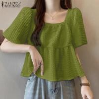 ราคา Fancystyle ZANZEA เสื้อผู้หญิงสไตล์เกาหลีเสื้อคอปาดแขนพองผ้าพื้นผิวเสื้อฤดูร้อนแฟชั่นทรงเอไลน์ 9 (21962473271)