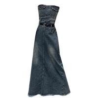 ราคา Pure Desire Vintage Denim Wrap Dress สําหรับผู้หญิงเอวสูงแขนกุดชุดเดรสเข้ารูปหวานเผ็ดสะโพกฤดูใบไม้ผลิ (22474362944)