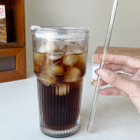 ราคา 600ml Heat Resistant With Lid and Straw Drinkware Transparent Glasses Stripe Glass Cup Coffee Mug Water Cup Drinking Glasses (23343781905)