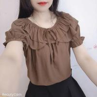 ราคา 2025แฟชั่นของผู้หญิงฤดูร้อนเสื้อยืดแขนแขนสั้นคอกลมผ้าชีฟองเปิดไหล่ข้างเดียวทรงหลวมและระบายอากาศได้ดีสไตล์ตะวันตกที่เรียบง่าย (22446074431)