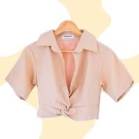ราคา twist crop top เสื้อครอปคอปกแขนสั้นไขว้หน้า ซิปข้าง ผ้าลินิน เสื้อทำงาน (21139692078)