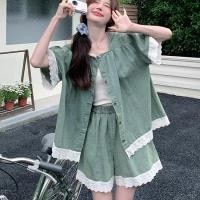 ราคา น่ารัก หวาน ลูกไม้ Patchwork Square ปกเสื้อ เดนิม เสื้อเชิ้ตขากว้าง กางเกงขาสั้น ชุดต่ํา เอว สั้น กางเกง ชุด ผู้หญิง เครื่องแต่งกายระดับพรีเมียม (22991448438)