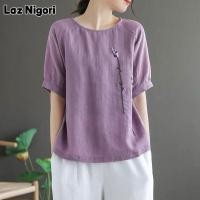 ราคา Laz Nigori สีม่วงแขนสั้นแบบหลวมผ้าลินินผ้าฝ้ายสีทึบผ้าลินินคอกลมเสื้อผ้าสตรี (13955154644)