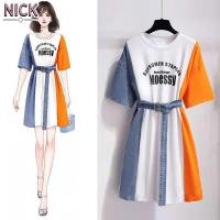 ราคา ชุดเดรสสำหรับผู้หญิงเสื้อยืดเดรสแขนสั้นกระโปรงยีนส์ผ้าต่อคอกลม (13540496696)