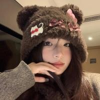 ราคา หมวก น่ารักหมีน้อยหูแมวโบว์ตุ๊กตาหมวกผู้หญิงฤดูใบไม้ร่วงฤดูหนาวอบอุ่นป้องกันหูหมวกใบหน้าเล็ก ๆ น้อย ๆ หมวกไหมพรม (23234733507)