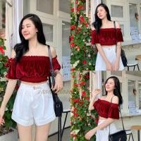 ราคา BA067 TARA Crop เสื้อครอป เสื้อเกาะอก แขนพอง แขนตุ๊กตา เนื้อผ้ากำมะหยี่ ผ้าดี ใส่สบาย ไม่ร้อน (23176594583)