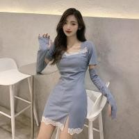 ราคา ชุดเดรสผ้ายืดพิมพ์ลายเนื้อนิ้มประดับด้วยผ้าลูกไม้ แขนสั้น และมีแขนยาวแยกชิ้นเป็นได้2สไตล์ (15389940336)