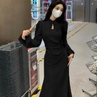 ราคา OCSHEAN ชุดกี่เพ้าฝรั่งเศสขนาดใหญ่ชุดเดรสกี่เพ้าสีดำขนาดเล็กสำหรับผู้หญิงใส่ในฤดูใบไม้ร่วงกระโปรงพวงกุญแจรูปหัวใจเดรสสำหรับคนอ้วน (22939867383)