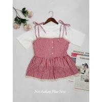 ราคา plus size เชต 2 ชิ้น เสื้อยืด สายเดียวลายสก๊อต สำหรับสาวอวบ (23059279990)