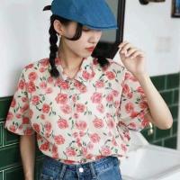ราคา เสื้อเชิ้ตแขนสั้น เสื้อพิมพ์ลายดอกกุหลาบชมพู เสื้อผ้าผู้หญิงแฟชั่นฤดูร้อนสไตล์เกาหลี มาใหม่พร้อมส่ง (23283643724)