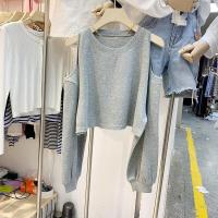ราคา Off the shoulder Round Neck Long sleeved T shirt Womens Loose Solid Color Hollow Casual Top (17092518065)