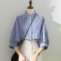 ราคา ลูกไม้เชื้อราแขนโคมไฟฝรั่งเศสย้อนยุคเสื้อเชิ้ตลายสก๊อตฤดูร้อนคอตั้งสีน้ำเงิน (17877460868)