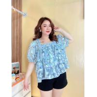 ราคา เสื้อคอเหลี่ยมผ้าชีฟองเกาหลีมีลายในตัวพิมพ์ลายดอกไม้ งานแต่งระบายขนมชั้นงานแต่งกระดุม รอบอก 40 48 นิ้ว (22663057788)