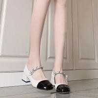 ราคา Retro Mary Jane รองเท้าแตะส้นหนา ผู้หญิง Cross Buckle Round Head Color Block Chain ทันสมัย ฤดูร้อน รองเท้ามาใหม่ (21740523233)