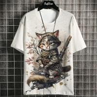 ราคา Samurai Cat เสื้อยืดผู้ชายแฟชั่นญี่ปุ่นแขนสั้นเสื้อยืดขนาดใหญ่ Street สวมใส่สบายๆเสื้อกีฬาชายเสื้อผ้า Tops (22539620799)