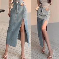 ราคา พร้อมส่ง ราคาถูก กระโปรงยีนส์ยาว ทรงบาน มีกระเป๋าข้าง แต่งกระดุมหน้า แฟชั่น (16868924670)