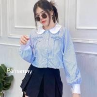 ราคา Sunny เสื้อเชิ้ตคอบัวแขนยาวลายริ้ว สไตล์เกาหลี เสื้อทรงคุณหนูแขนยาวลายทาง (19528655836)
