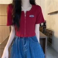 ราคา ส่งเร็ว KAYKAI เสื้อยืดครอปไหมพรม คอกแขนสั้น ซิปหน้า ผ้าร่อง แต้งโลโก้ 5สี สไตล์เกาหลี K44 (19076313980)