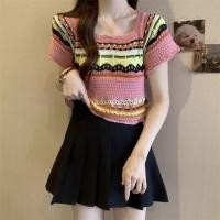 ราคา R023 เสื้อแขนสั้นไหมพรม สีรุ้ง ลายทาง เซ็กซี่ น่ารัก (19457063622)