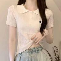 ราคา เสื้อถักแขนสั้นคอโปโลหวานผู้หญิงเสื้อเอวลอยเข้ารูป (20525551066)