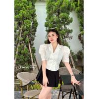 ราคา cha nee shop เสื้อแขนสั้น แต่งแขนพุ่ม ช่วงอกจับจีบเข้ารูป สวยเก๋มากๆ (20516295366)