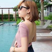 ราคา J k vintage shop A 03 ผ้าเรย่อนเว้าหน้าเสื้อผ้าแฟชั่น แขนสั้นเว้าหลัง บอดี้สูท เป้าแกะได้ กระดุมแป็ก แขนสั้น (14318975545)