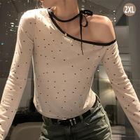 ราคา VEVE เสื้อยืดแขนยาวลายจุดบาง ๆ ปิดไหล่ผูกเชือกเสื้อยืดผู้หญิงเสื้อคอกลมสั้น (23122907394)