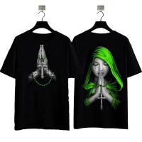 ราคา เสื้อ Halloween วันฮาโลวีน American retro nun prayer print for men women oversized shirt for man crew neck Short sleeve women top (22718186528)