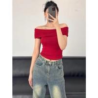 ราคา พร้อมส่ง เสื้อเซ็กซี่ผู้หญิง เสื้อยืดปาดไหล่แขนยาว สีพื้นเอวลอยทรงรัดรูป เสื้อยืดสีขาวไหล่เดียว (23353604389)