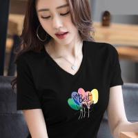 ราคา 2024 Summer Womens Fashion Trend Loose Casual Print Simple and Versatile V neck Short Sleeve T shirt (21633143456)