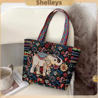 ราคา Shelleys กระเป๋าถือลายสัตว์สไตล์ชนเผ่ากระเป๋าถือผู้หญิงปักลายช้างนกฮูกกระเป๋าสะพายไหล่ผ้าใบ (22308060329)