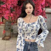 ราคา คอเหลี่ยม ลายดอก เสื้อแขนพอง เสื้อคอเหลี่ยม เสื้อเชิ้ตแขนยาวผ้าพัฟ หวาน ครอปเอวลอย (15555166604)