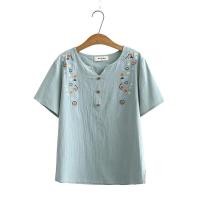 ราคา เสื้อเชิ้ตคอวีแขนสั้นผ้าฝ้ายลินินปักลาย 3 กระดุม ไซส์ใหญ่ เสื้อเชิ้ตแขนสั้นคอวีสำหรับผู้หญิงไซส์ใหญ่ ทรงหลวม ทรงเข้ารูป (22893382309)