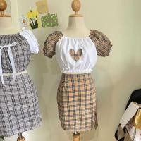 ราคา New Colour ชุดเซ็ตเสื้อลายสก๊อตหัวใจกระโปรง เสื้อปาดไหล่แขนตุ๊กตาFreesize (22816044711)