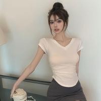 ราคา แฟชั่นฤดูร้อน สําหรับผู้หญิง เสื้อยืดคอวี เสื้อยืดรัดรูปนมโต งานเรียบสีพื้นๆ เสื้อยืดรัดรูป (16711293532)