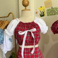 ราคา New Colour ชุดเซ็ตเสื้อลายสก๊อตหัวใจกระโปรง เสื้อปาดไหล่แขนตุ๊กตาFreesize (22816044721)