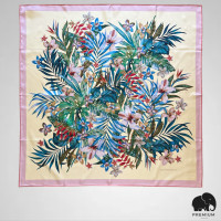 ราคา ผ้าพันคอผ้าไหม จิม ทอมป์สัน Silk scarf 33 x33 Jim Thompson ลายดอกไม้เหลืองอ่อน (21489149848)