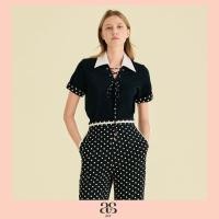 ราคา asv ss25 Renee T Shirt เสื้อยืดผู้หญิง แขนสั้น คอปกและปลายแขนเสื้อแต่งผ้าทวีต ดีเทลเชือกร้อยไขว้ด้านหน้า (24561228062)