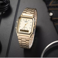 ราคา Casio Data Bank รุ่น AQ 230GA 9D นาฬิกาข้อมือใส่ได้ทั้งชายและหญิง สายสเเตนเลสสีทอง วินเทจดีไซน์ มั่นใจ ของแท้ 100 ประกันศูนย์ CMG 1 ปีเต็ม (169392827)