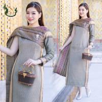 ราคา ชุดเดรส ผ้าไหม มณีจันทร์ ลายแพรวา ลายดอกพิกุล ทรงสไบข้าง ชุดออกงาน ชุดไปงาน ชุดทำบุญ (21315330901)