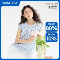 ราคา GIORDANO Women Blouses Embroidered Plaid Cotton Blouses Ribbon Pleated Crewneck Raglan Sleeve Fashion Casual Blouses 18345508 (24324529357)